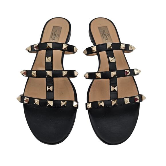 Valentino Garavani Rockstud Flat Slide Sandal Black Leather Size 38.5 US 8.5 - Picture 2 of 11
